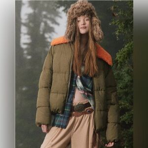 Urban Outfitters Duckie Faux Shearling Collar Puffer Jacket Olive and Orange Lg